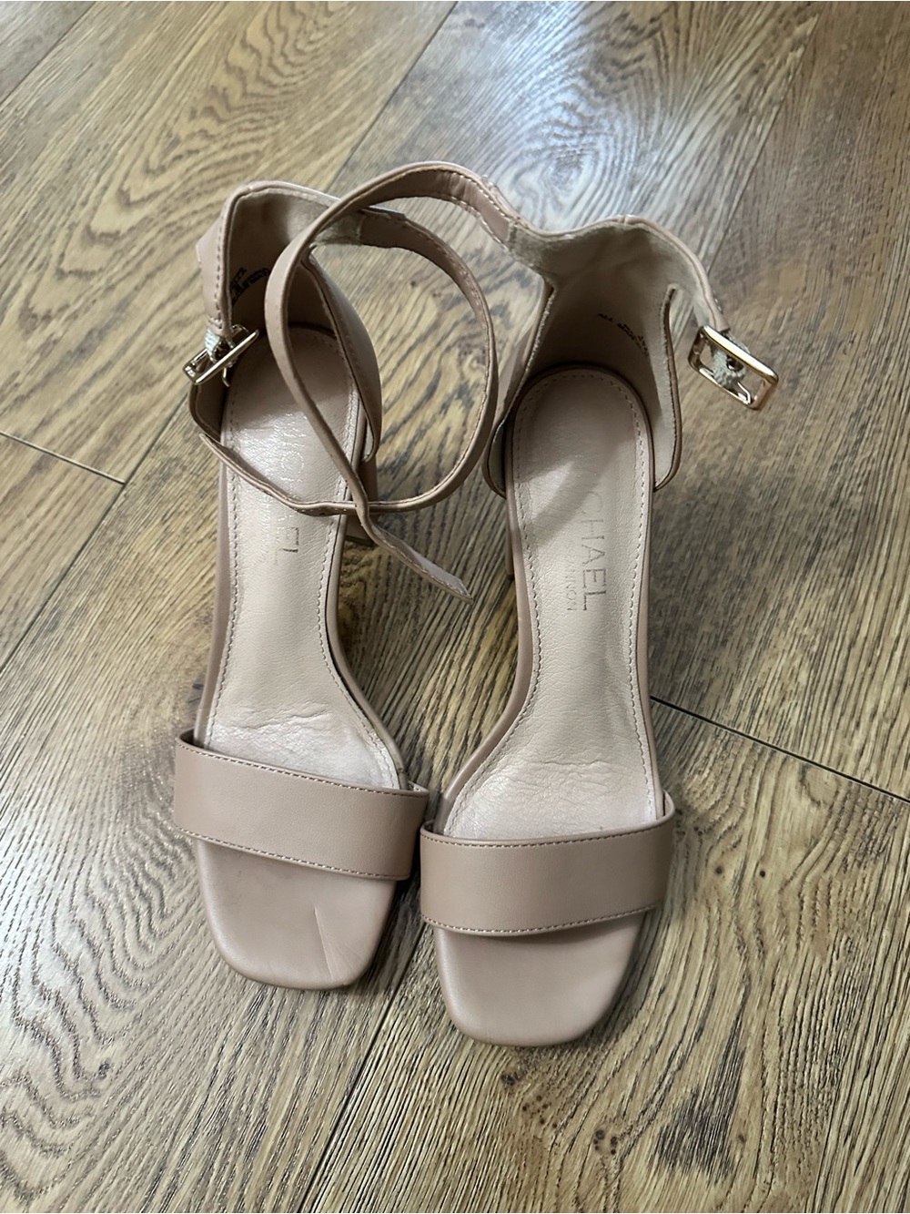 MICHAEL Shannon Blush Beige Ankle-Strap Block Heel Sandals